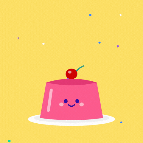Wiggle time celebration with a smiling pink jelly topped with a cherry wobbling on a white plate