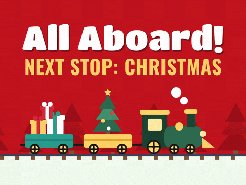 All aboard, next stop Christmas, with a green toy train puffing along pulling wagons of gifts and a little tree