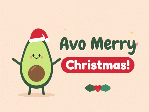Avo Merry Christmas Avocado Avo Merry Christmas pun with a smiling avocado in a Santa hat waving its arms beside holly on peach