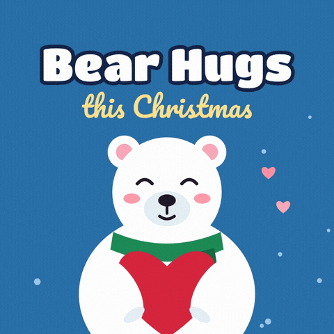 Bear Hugs Christmas Polar Bear Heart Bear hugs this Christmas polar bear in a green scarf squeezing a big red heart with little hearts floating on blue