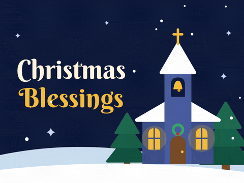Christmas Blessings Snowy Church Bell Christmas blessings with a snowy church at night, a gold bell swinging in the tower, glowing windows and gentle falling snow