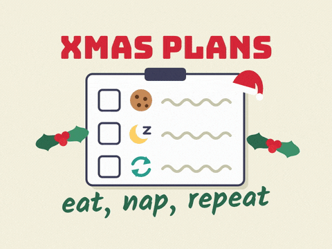 Christmas Plans Eat Nap Repeat Christmas plans checklist joke, eat, nap, repeat, with green ticks landing beside a cookie, a moon and arrows