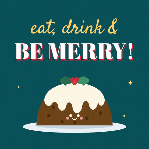 Eat Drink Be Merry Christmas Pudding Eat, drink and be merry with a smiling Christmas pudding wobbling on a plate under white icing and holly