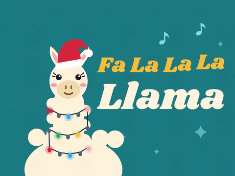 Fa La La La Llama Christmas Fa la la la llama Christmas pun with a fluffy cream llama in a Santa hat wrapped in twinkling fairy lights on teal