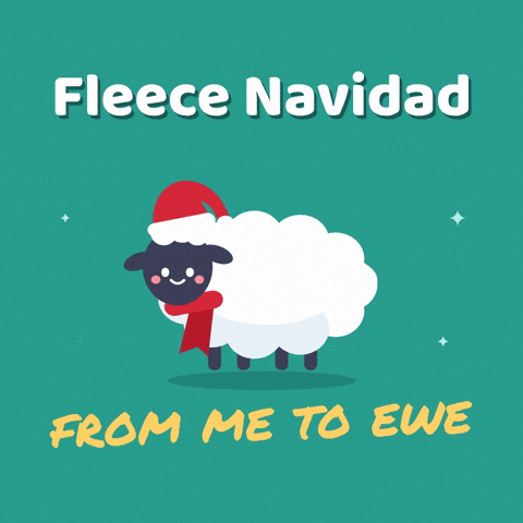 Fleece Navidad Christmas pun with a fluffy white sheep in a Santa hat and red scarf hopping on teal