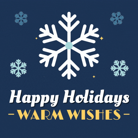 Happy Holidays warm wishes Christmas message under a big white snowflake slowly spinning on a navy background