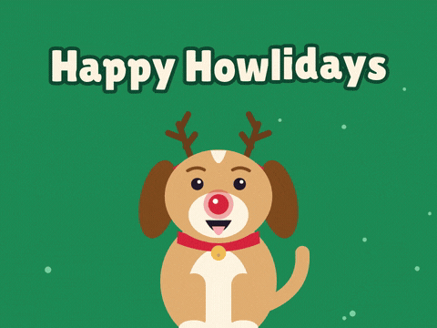 Happy Howlidays Christmas Dog Antlers Happy Howlidays Christmas dog wearing reindeer antlers and a red nose, wagging its tail and tilting its head on green