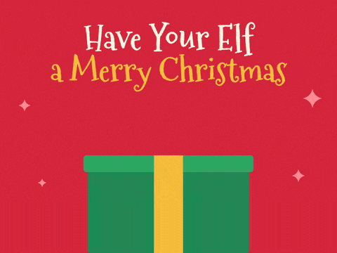 Have Your Elf Merry Christmas Have your elf a merry Christmas with a cheeky elf popping up from behind a big green gift box and waving on red