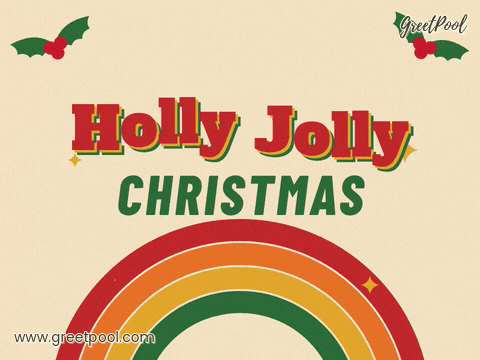 Holly Jolly Christmas Retro Rainbow Holly jolly Christmas in retro 70s letters over red, orange, mustard and green rainbow arcs with bouncing holly