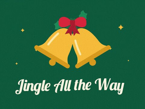 Jingle all the way Christmas message under two golden bells ringing from a red bow with holly on dark green