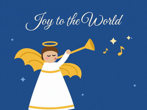 Joy To The World Christmas Angel Joy to the World Christmas angel in a white robe with golden wings and a halo blowing a trumpet that sends out gold stars
