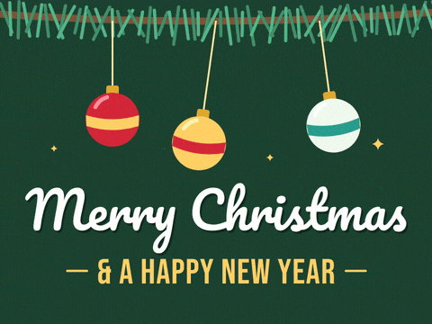 Merry Christmas and a Happy New Year with red, gold and white baubles swinging from a pine branch on dark green