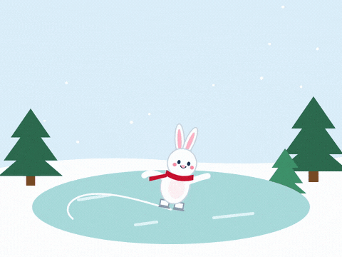 Merry Christmas Bunny Ice Skating Merry Christmas, let's glide, with a white bunny in a red scarf skating figure eights on a frozen pond
