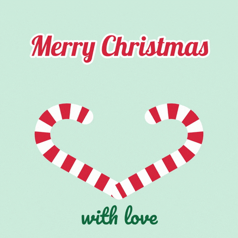 Merry Christmas with love message as two red and white candy canes swing together to form a heart on mint green