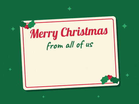 Merry Christmas From All Of Us Merry Christmas from all of us group card being signed with colourful handwritten names, hearts and holly on green