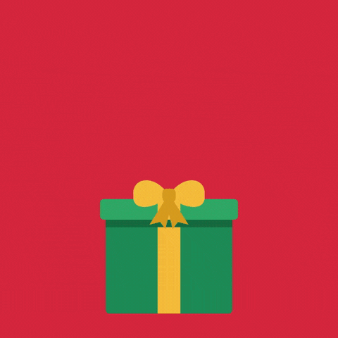 Merry Christmas bursting out of a green gift box as the lid pops off with gold stars and confetti on a red background