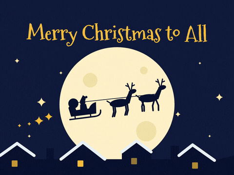 Merry Christmas to all as Santa's sleigh and reindeer gallop across a big yellow moon above snowy rooftops at night