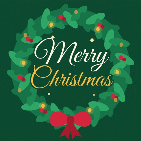Merry Christmas script lettering inside a green holly wreath with twinkling gold lights and a red bow