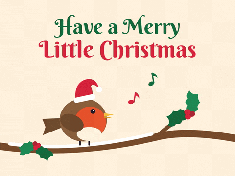 Merry Little Christmas Robin Singing Have a merry little Christmas robin in a Santa hat hopping and singing music notes on a snowy holly branch