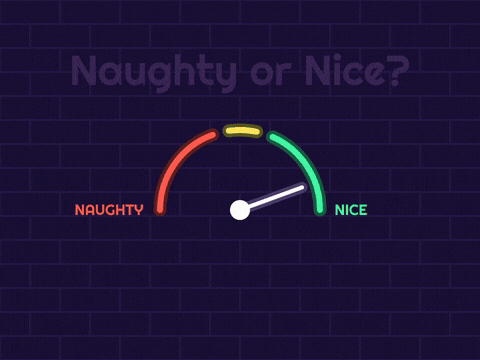 Naughty or nice Christmas neon sign with a meter needle swinging from nice and settling on naughty-ish