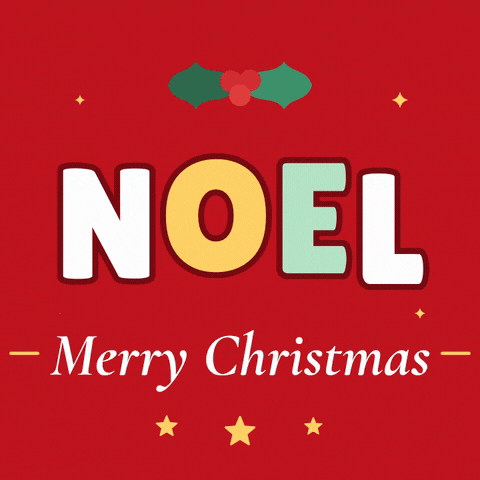 Noel Merry Christmas Hopping Letters Noel Merry Christmas in big white, gold and green letters hopping in a wave under holly on bright red