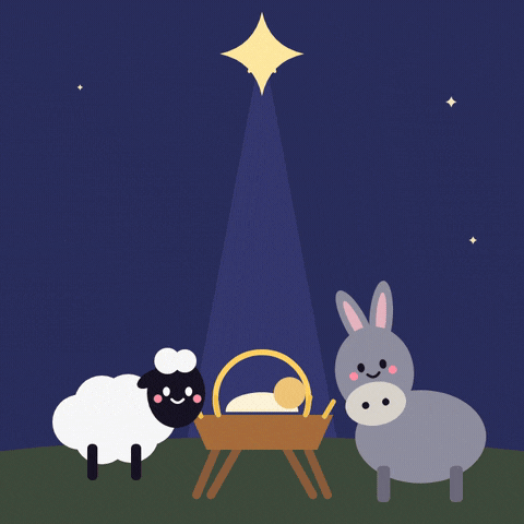 O come let us adore him Christmas nativity with a sheep and a donkey nodding beside the manger under the star