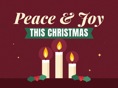 Peace and Joy this Christmas with three cream candles and flickering flames beside holly on deep burgundy