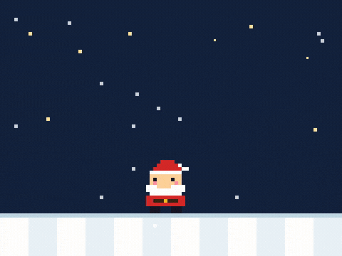 Merry Christmas in 8-bit pixel letters as a pixel Santa jumps to catch a falling present, plus one present