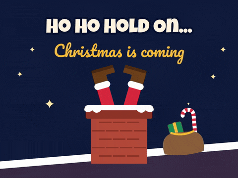 Santa Stuck Chimney Christmas Funny Ho ho hold on, Christmas is coming, with Santa's legs and black boots kicking out of a snowy brick chimney at night