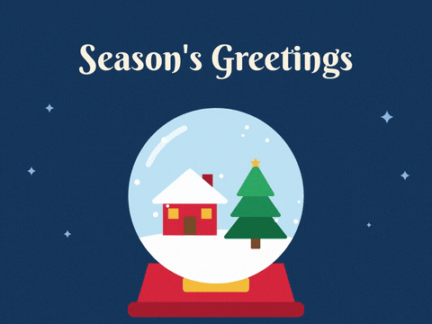 Season's Greetings Christmas snow globe with a red cottage and pine tree as snow swirls inside on a deep blue background