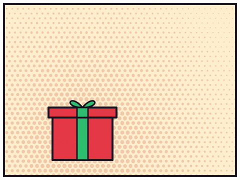 Socks again Christmas comic as a red gift shakes, the lid flies off and a striped sock springs out, Merry Christmas