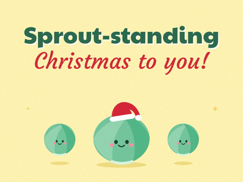 Sprout Standing Christmas Brussels Sprouts Sprout-standing Christmas to you pun with three smiling Brussels sprouts bouncing, the big one in a Santa hat