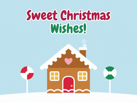 Sweet Christmas wishes gingerbread house with white icing, gumdrops popping onto the roof and spinning lollipops in the snow