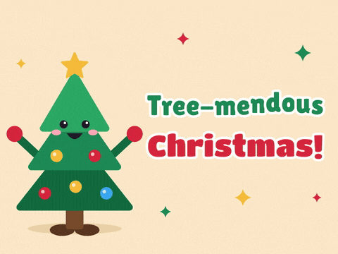 Tree Mendous Christmas Dancing Tree Tree-mendous Christmas pun with a smiling Christmas tree character dancing with its arms up and a gold star on top