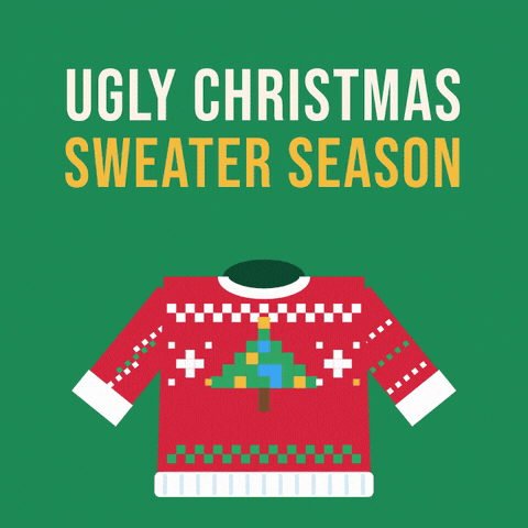Ugly Christmas Sweater Season Ugly Christmas sweater season with a red knitted jumper dancing, a pixel Christmas tree on the front and blinking lights