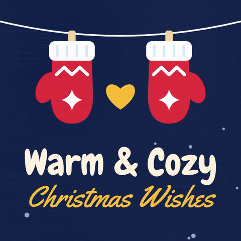 Warm Cozy Christmas Wishes Mittens Warm and cozy Christmas wishes with two red knitted mittens swinging on a line around a glowing heart in falling snow