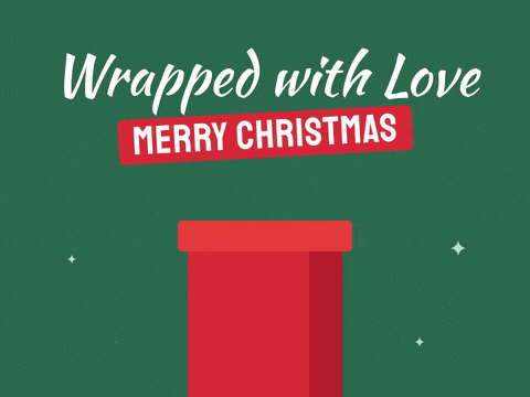 Wrapped with love Merry Christmas as a gold ribbon ties itself into a bow on a big red present with sparkles