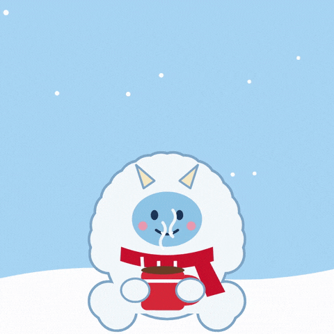 Yeti for Christmas pun with a fluffy white yeti in a red scarf swaying and hugging a steaming mug of cocoa