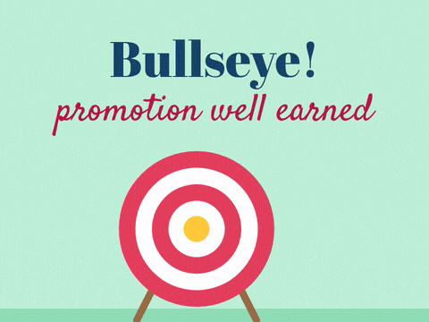 Bullseye Promotion Well Earned Target Bullseye, promotion well earned: an arrow hits the gold centre of a red and white target on mint green