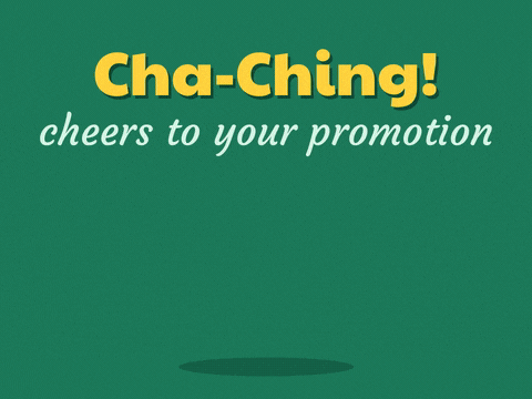 Cha Ching Promotion Gold Coins Cha-ching, cheers to your promotion: gold coins drop onto a growing stack under a spinning star coin on green