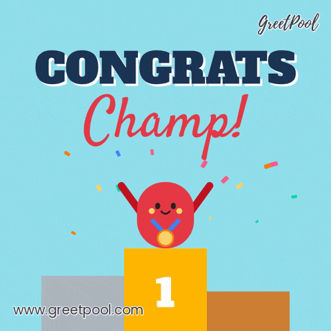 Congrats Champ Winners Podium Congrats champ with a happy red character wearing a medal hopping on a first place podium in confetti