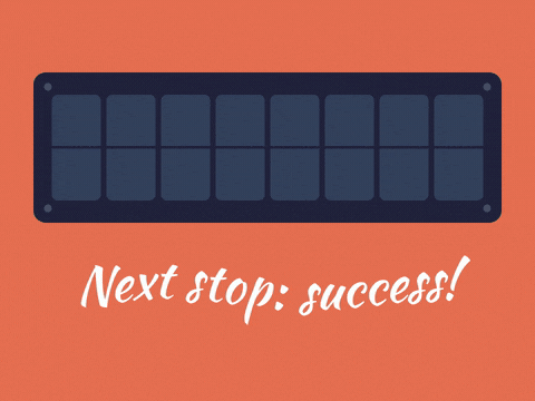 Congrats spelled on a split-flap departure board flipping letter by letter with Next stop success below