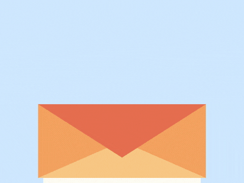 Congrats, you're promoted letter sliding out of an orange envelope with hearts on a light blue background