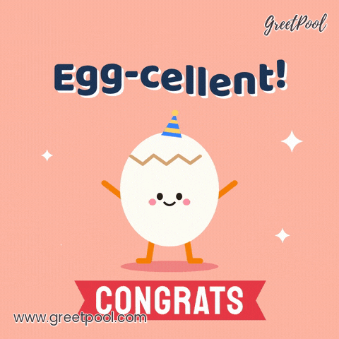 Egg Cellent Congrats Hopping Egg Egg-cellent congrats pun with a smiling egg in a party hat hopping above a red ribbon banner