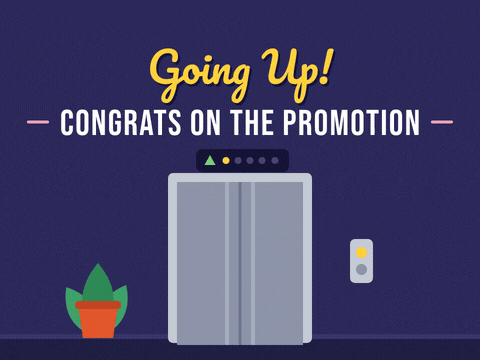 Going up, congrats on the promotion: elevator doors open on a happy gold star as the floor indicator climbs