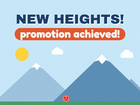 New heights, promotion achieved: a climber follows a dotted trail up a mountain and plants a red flag on top