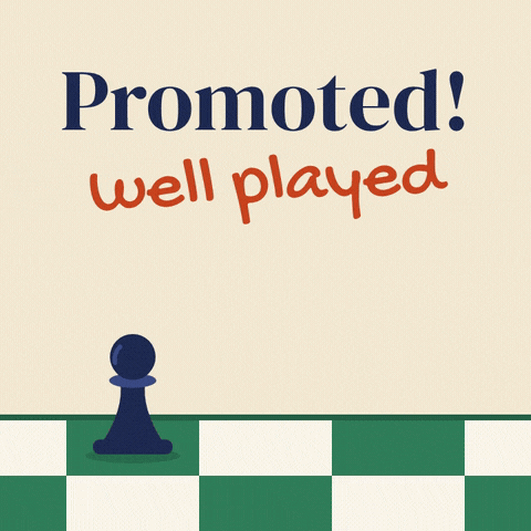 Promoted, well played: a chess pawn hops forward and turns into a queen with gold sparkles on a green board