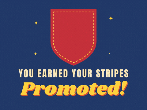 You earned your stripes, promoted: three gold chevrons and a star land on a red shield patch on navy