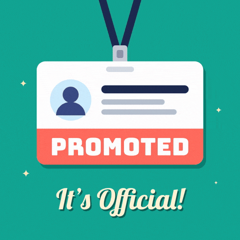 It's official, promoted: a staff ID badge on a lanyard swings and gets a gold star sticker on a teal background