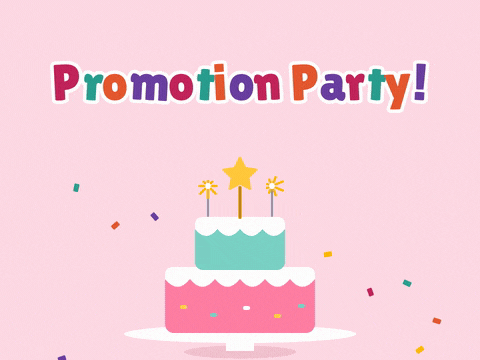 Promotion Party Cake Sparklers Promotion party in hopping rainbow letters over a two-tier cake with sparklers, a gold star and falling confetti